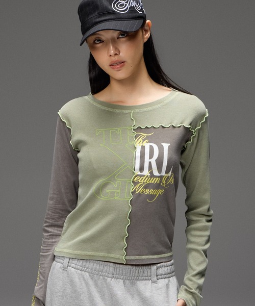 X-girl(エックスガール)の「FADED REMAKE STYLE L/S COMPACT TOP(Tシャツ/カットソー・レディース・バーガンディー/オリーブ・ONE SIZE)」の1枚目の写真