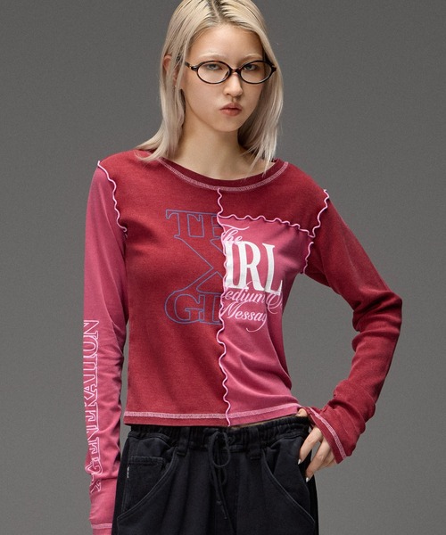 X-girl(エックスガール)の「FADED REMAKE STYLE L/S COMPACT TOP(Tシャツ/カットソー・レディース・バーガンディー/オリーブ・ONE SIZE)」の3枚目の写真