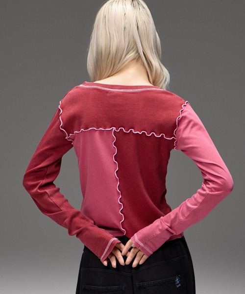 X-girl(エックスガール)の「FADED REMAKE STYLE L/S COMPACT TOP(Tシャツ/カットソー・レディース・バーガンディー/オリーブ・ONE SIZE)」の4枚目の写真