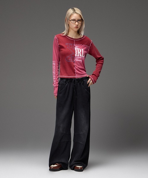 X-girl(エックスガール)の「FADED REMAKE STYLE L/S COMPACT TOP(Tシャツ/カットソー・レディース・バーガンディー/オリーブ・ONE SIZE)」の5枚目の写真