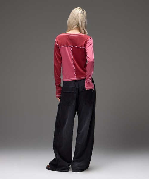 X-girl(エックスガール)の「FADED REMAKE STYLE L/S COMPACT TOP(Tシャツ/カットソー・レディース・バーガンディー/オリーブ・ONE SIZE)」の6枚目の写真