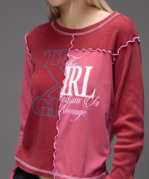 X-girl(エックスガール)の「FADED REMAKE STYLE L/S COMPACT TOP(Tシャツ/カットソー・レディース・バーガンディー/オリーブ・ONE SIZE)」の7枚目の写真