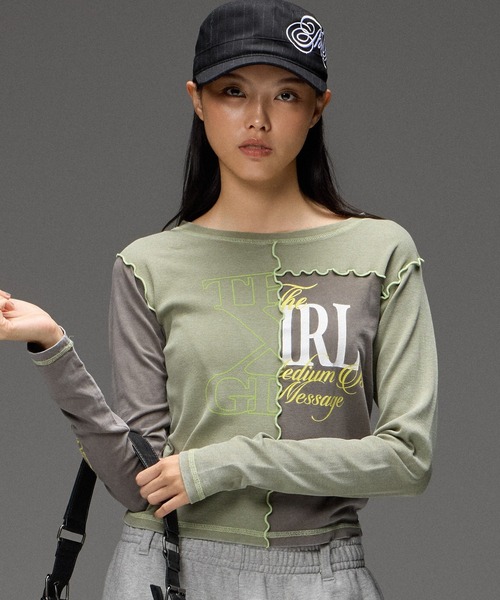 X-girl(エックスガール)の「FADED REMAKE STYLE L/S COMPACT TOP(Tシャツ/カットソー・レディース・バーガンディー/オリーブ・ONE SIZE)」の8枚目の写真