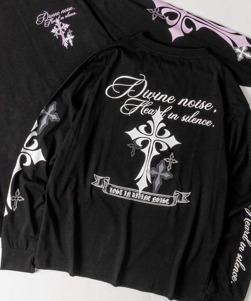 JOHN'S CLOSET(ジョンズクローゼット)の「【31】クロスプリント ロングスリーブTシャツ(Tシャツ/カットソー・メンズ・ブラック/ホワイト/ブラック系その他・MEDIUM/LARGE)」の1枚目の写真