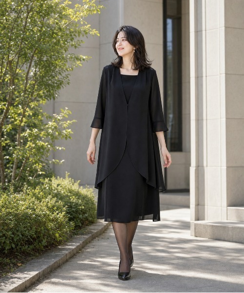 prendre la joie(プレンドレラジョア)の「夏用フリルワンピース ブラックフォーマル ロング丈 前開き(ワンピース・レディース・ブラック・11号/9号)」の1枚目の写真