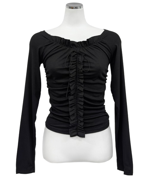 FOLLOWIN(フォロウィン)の「フリルギャザーシャーリングリボントップス(Tシャツ/カットソー・レディース・ブラック/ホワイト・FREE)」の19枚目の写真