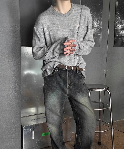DOUBLE STEAL(ダブルスティール)の「DSダメージニットプルオーバー(ニット/セーター・メンズ・グレー/ブラック・MEDIUM/X-LARGE/LARGE)」の3枚目の写真