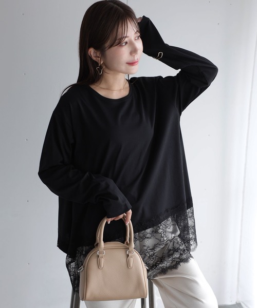 Riberry(リベリー)の「裾レースイレギュラーヘムロンT(Tシャツ/カットソー・レディース・オフホワイト/ブラック・FREE)」の5枚目の写真