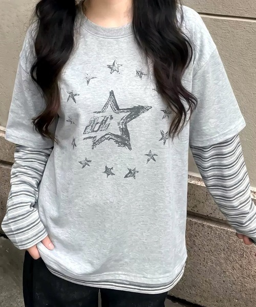 SHEENA(シーナ)の「スターロゴプリントフェイクレイヤード長袖トップス(Tシャツ/カットソー・レディース・グレー・M)」の1枚目の写真