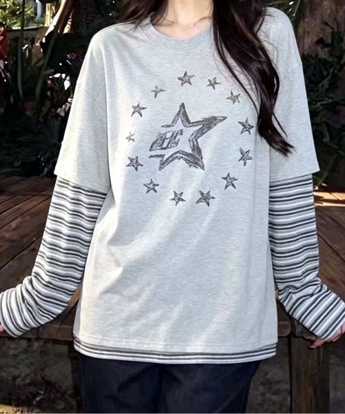 SHEENA(シーナ)の「スターロゴプリントフェイクレイヤード長袖トップス(Tシャツ/カットソー・レディース・グレー・M)」の6枚目の写真