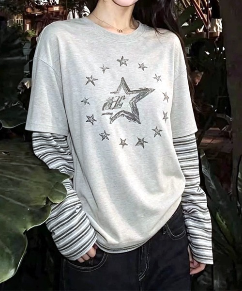 SHEENA(シーナ)の「スターロゴプリントフェイクレイヤード長袖トップス(Tシャツ/カットソー・レディース・グレー・M)」の5枚目の写真