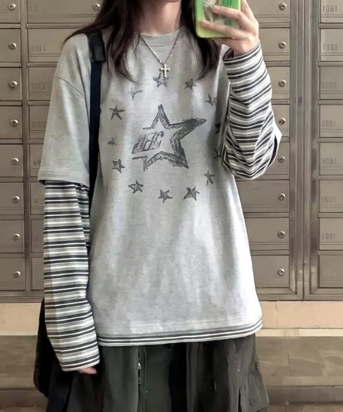 SHEENA(シーナ)の「スターロゴプリントフェイクレイヤード長袖トップス(Tシャツ/カットソー・レディース・グレー・M)」の3枚目の写真