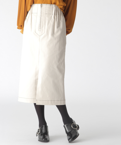 mysty woman（ミスティウーマン）の「配色ステッチナロースカート（スカート・レディース・ブラック/ベージュ/アイボリー・FREE）」の2枚目の写真