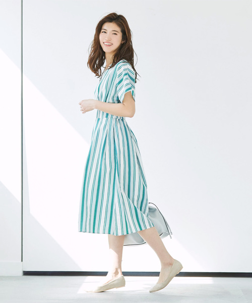 UR'S（ユアーズ）の「ｽﾄﾗｲﾌﾟｶｼｭｸｰﾙﾜﾝﾋﾟｰｽ（ワンピース・レディース・ブルー/グリーン/ブラウン・S/M/L）」の15枚目の写真