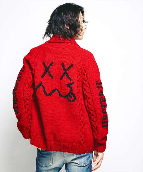 HYSTERIC GLAMOUR（ヒステリックグラマー）の「CANADIAN SWEATER×HYSTERIC/HYSTERIC FACE編込 カウチン（カーディガン/ボレロ・メンズ・レッド/ホワイト/ブラック・SMALL/MEDIUM/LARGE）」の6枚目の写真