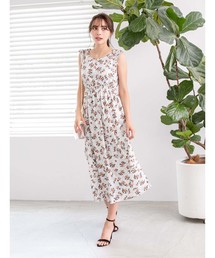 ショルダーシャーリング花柄ワンピース
