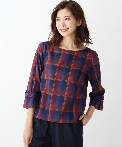 大きいサイズあり 13号 15号 ライトチェック袖リボンシャツ