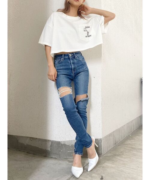 GYDA（ジェイダ）の「ミドルウエスト アシンメトリーダメージ スキニーデニムパンツ（デニムパンツ・レディース・インディゴブルー/ブルー・SMALL/MEDIUM/X-SMALL）」の3枚目の写真