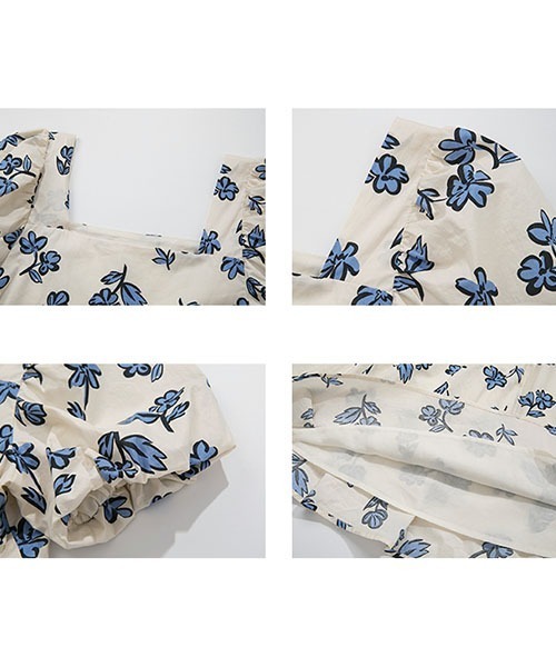 LoveShackFancyのファンシーな白、青、紫の花柄のコットンドレス