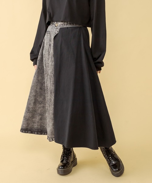 RASVOA（ラスボア）の「ハーフ切替ミモレスカート（スカート・レディース・ブラック/アイボリー・FREE）」の2枚目の写真
