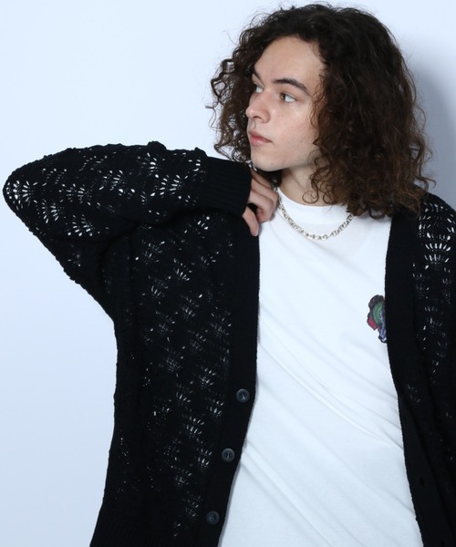 HARE（ハレ）の「スカシアミガラニットカーデ(HARE)（カーディガン/ボレロ・メンズ・ブラック/ブラウン/エメラルド・FREE）」の2枚目の写真