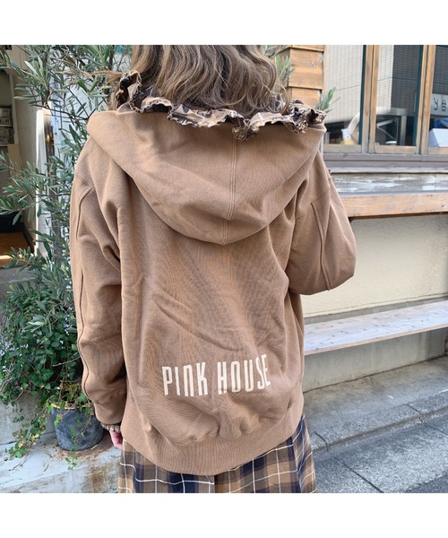 美品 ピンクハウス ブッシュローズ刺繍フーディチュニック ブラウン パーカー PINK HOUSE ピンクハウス パーカー ブラウン 美品 ピンクハウス