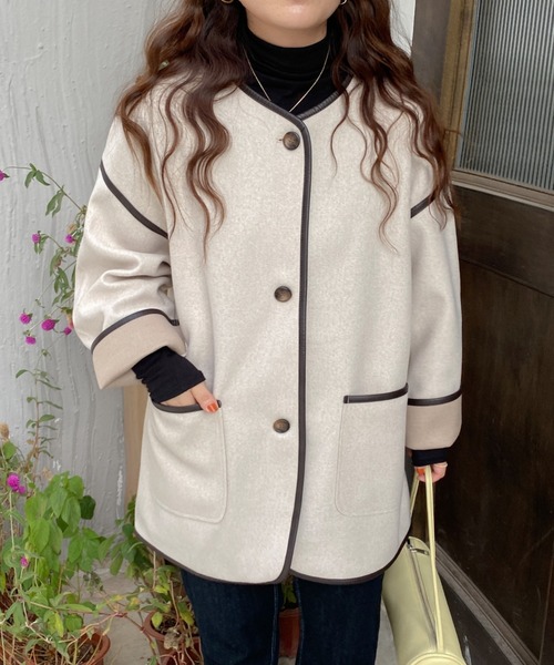 ABITOKYO(アビトーキョー)の「【ABITOKYO ORIGINAL】パイピングノーカラーコート(ノーカラーコート・レディース・ベージュ/ブラウン/グレー・FREE)」の12枚目の写真