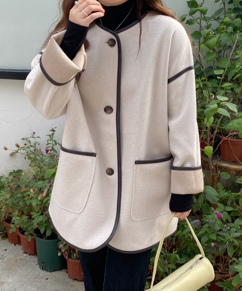 ABITOKYO(アビトーキョー)の「【ABITOKYO ORIGINAL】パイピングノーカラーコート(ノーカラーコート・レディース・ベージュ/ブラウン/グレー・FREE)」の4枚目の写真