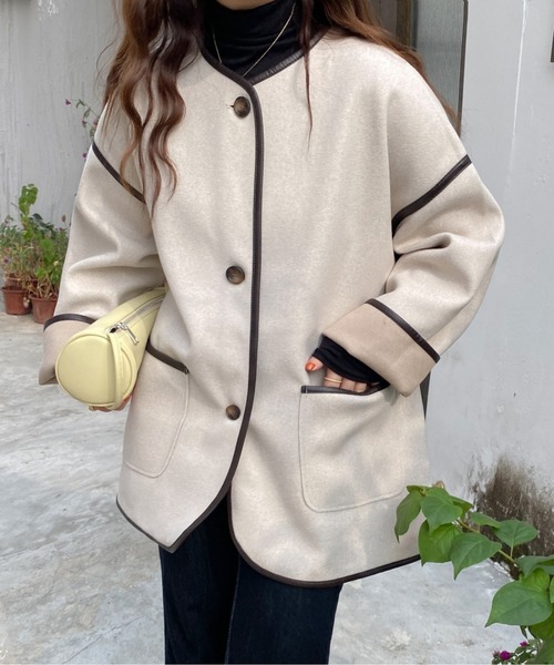 ABITOKYO(アビトーキョー)の「【ABITOKYO ORIGINAL】パイピングノーカラーコート(ノーカラーコート・レディース・ベージュ/ブラウン/グレー・FREE)」の8枚目の写真