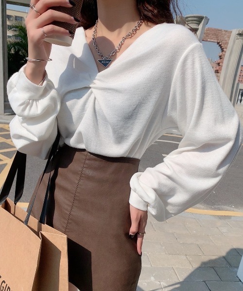 Diosfront（ディオスフロント）の「フロントクロス起毛ロングカットTシャツ（Tシャツ/カットソー・レディース・ホワイト/グレー/ピンク・FREE）」の6枚目の写真