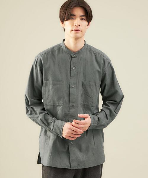 green label relaxing（グリーンレーベルリラクシング）の「ウールブレンドビエラバンドカラー長袖 シャツ -ウォッシャブル-（シャツ/ブラウス・メンズ・ダークグレー/ナチュラル/ダークブラウン・L/S/M）」の2枚目の写真