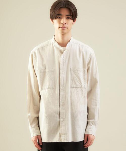 green label relaxing（グリーンレーベルリラクシング）の「ウールブレンドビエラバンドカラー長袖 シャツ -ウォッシャブル-（シャツ/ブラウス・メンズ・ダークグレー/ナチュラル/ダークブラウン・L/S/M）」の4枚目の写真