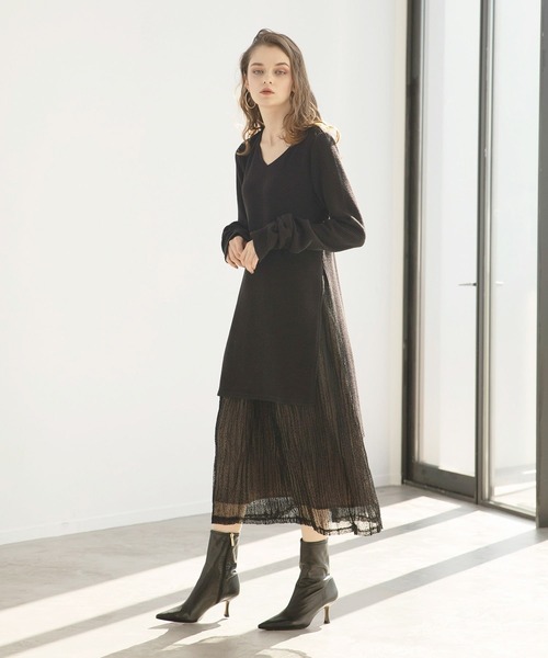 MIELI INVARIANT（ミエリインヴァリアント）の「Cloth Combination Dress（ワンピース・レディース・ブラック/モカ・FREE）」の4枚目の写真