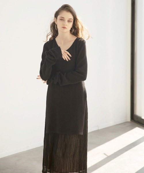 MIELI INVARIANT（ミエリインヴァリアント）の「Cloth Combination Dress（ワンピース・レディース・ブラック/モカ・FREE）」の5枚目の写真