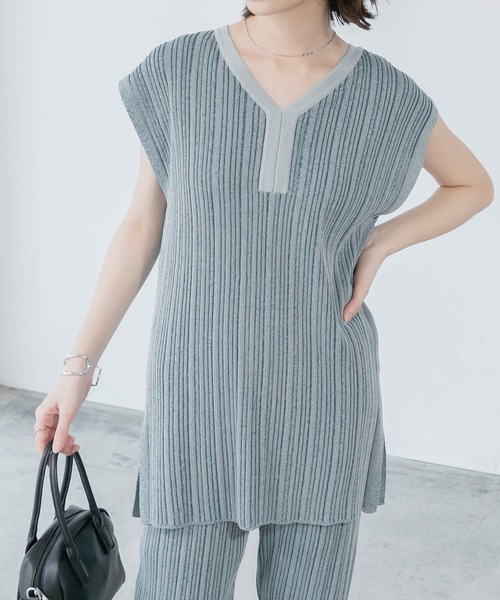 BONLECILL（ボンルシール）の「【セットアップ対応】2wayマルチストライプ ランダムリブニットベスト（ベスト・レディース・オレンジ/モスグリーン/ベージュ/ブルー・FREE）」の2枚目の写真