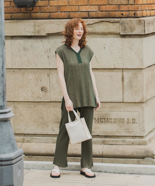 BONLECILL（ボンルシール）の「【セットアップ対応】2wayマルチストライプ ランダムリブニットベスト（ベスト・レディース・オレンジ/モスグリーン/ベージュ/ブルー・FREE）」の7枚目の写真