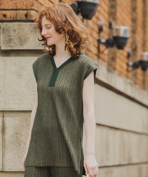 BONLECILL（ボンルシール）の「【セットアップ対応】2wayマルチストライプ ランダムリブニットベスト（ベスト・レディース・オレンジ/モスグリーン/ベージュ/ブルー・FREE）」の8枚目の写真