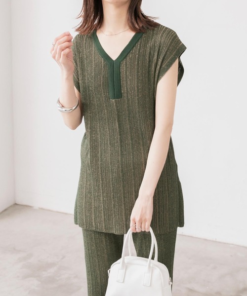 BONLECILL（ボンルシール）の「【セットアップ対応】2wayマルチストライプ ランダムリブニットベスト（ベスト・レディース・オレンジ/モスグリーン/ベージュ/ブルー・FREE）」の10枚目の写真