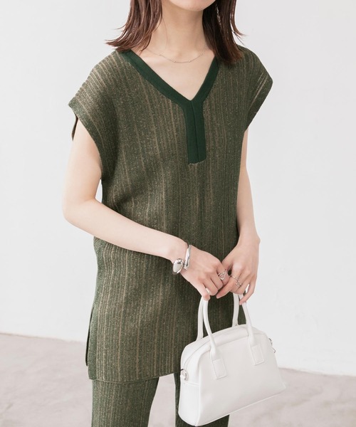 BONLECILL（ボンルシール）の「【セットアップ対応】2wayマルチストライプ ランダムリブニットベスト（ベスト・レディース・オレンジ/モスグリーン/ベージュ/ブルー・FREE）」の12枚目の写真