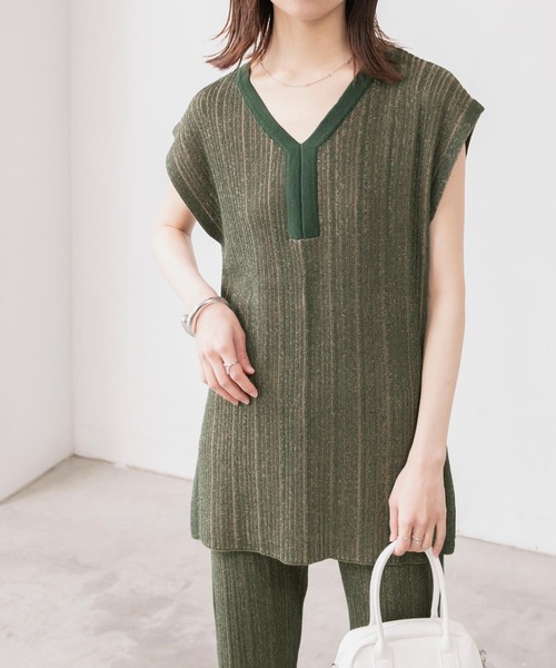 BONLECILL（ボンルシール）の「【セットアップ対応】2wayマルチストライプ ランダムリブニットベスト（ベスト・レディース・オレンジ/モスグリーン/ベージュ/ブルー・FREE）」の9枚目の写真