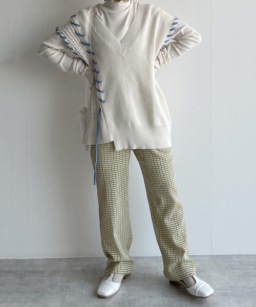 w closet（ダブルクローゼット）の「クリンクルチェックイージパンツ（その他パンツ・レディース・ライム/オレンジ・FREE）」の7枚目の写真