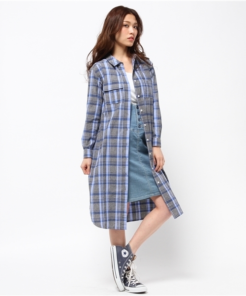 Ray BEAMS（レイビームス）の「Ray BEAMS / チェック ロングシャツ ワンピース（シャツワンピース・レディース・オフホワイト/サックスブルー・ONE SIZE）」の13枚目の写真