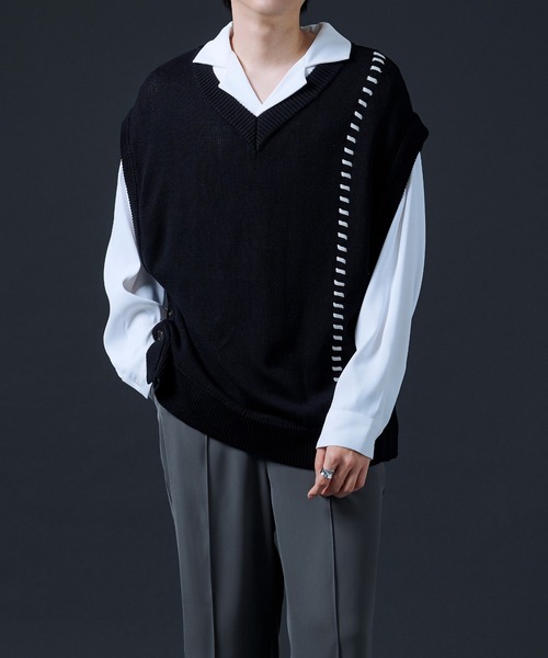 Ellno Loset(エルノロゼット)の「ハンドステッチニットベスト(ベスト・メンズ・ブラック/グリーン・MEDIUM/LARGE)」の3枚目の写真