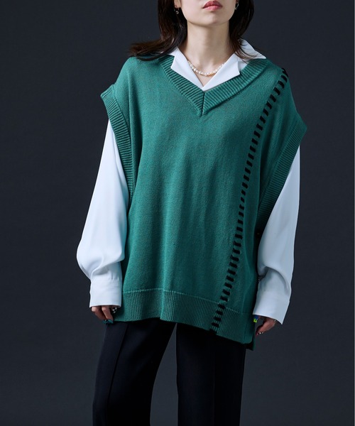 Ellno Loset(エルノロゼット)の「ハンドステッチニットベスト(ベスト・メンズ・ブラック/グリーン・MEDIUM/LARGE)」の15枚目の写真
