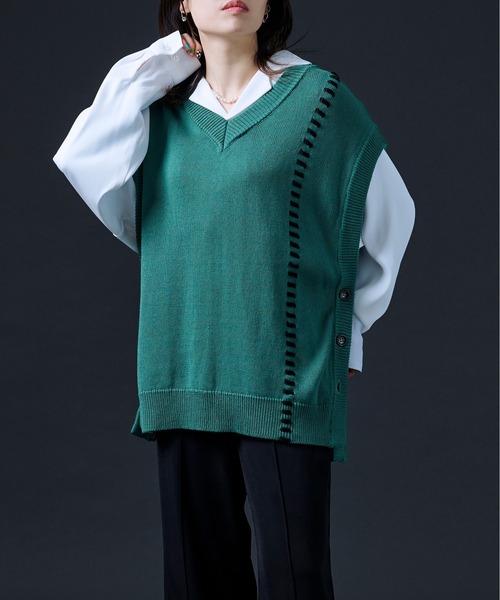 Ellno Loset(エルノロゼット)の「ハンドステッチニットベスト(ベスト・メンズ・ブラック/グリーン・MEDIUM/LARGE)」の16枚目の写真