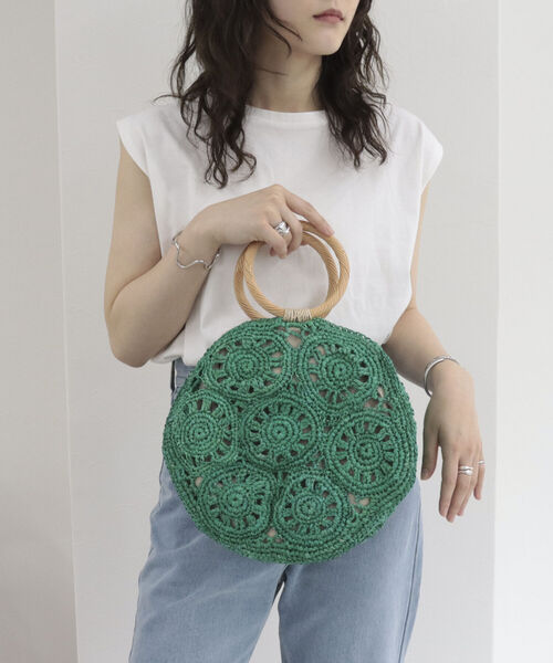 CACHELLIE(カシェリエ)の「【cachellie/カシェリエ】ラフィアサークルモチーフ トートバッグ(かごバッグ・レディース・キナリ/グリーン・FREE)」の5枚目の写真