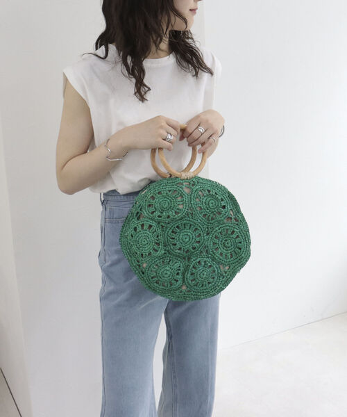 CACHELLIE(カシェリエ)の「【cachellie/カシェリエ】ラフィアサークルモチーフ トートバッグ(かごバッグ・レディース・キナリ/グリーン・FREE)」の4枚目の写真