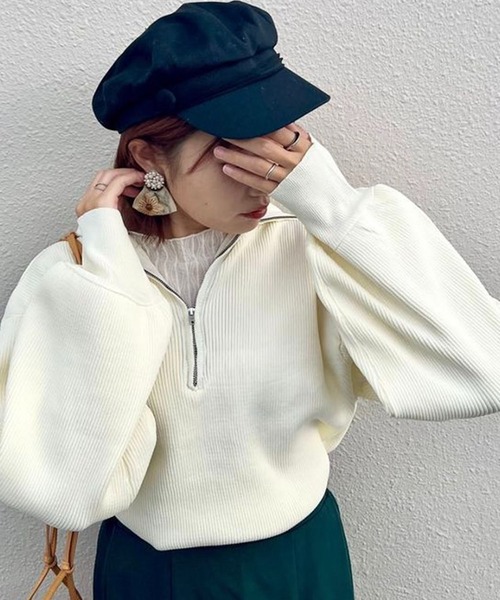 toucher du brise（トゥシェドブリーズ）の「ビッグカラー ハーフジップ ニット（ニット/セーター・レディース・ブラック/オフホワイト/オレンジ/イエロー/グリーン・M）」の2枚目の写真