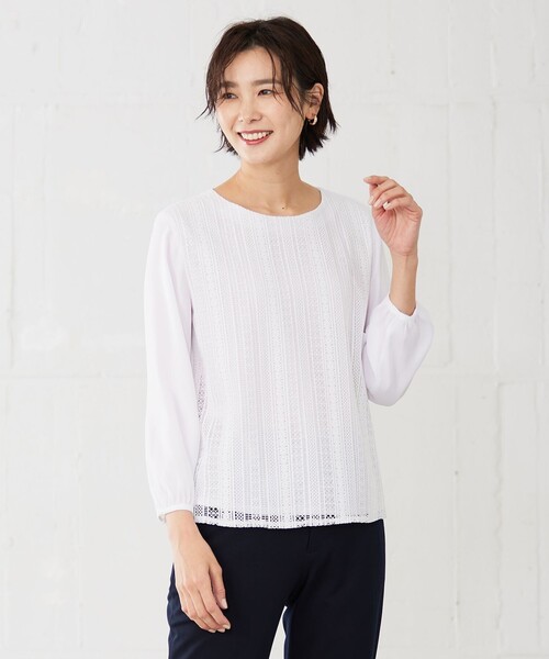 J.PRESS Ladies（J.プレス レディス）の「レースブロッキングジャージー カットソー（Tシャツ/カットソー・レディース・ダルブルー系/ホワイト系/ネイビー系・SMALL）」の2枚目の写真