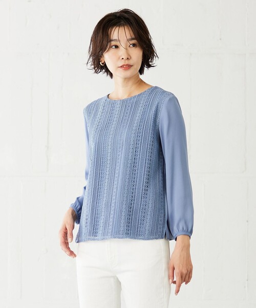 J.PRESS Ladies（J.プレス レディス）の「レースブロッキングジャージー カットソー（Tシャツ/カットソー・レディース・ダルブルー系/ホワイト系/ネイビー系・SMALL）」の3枚目の写真